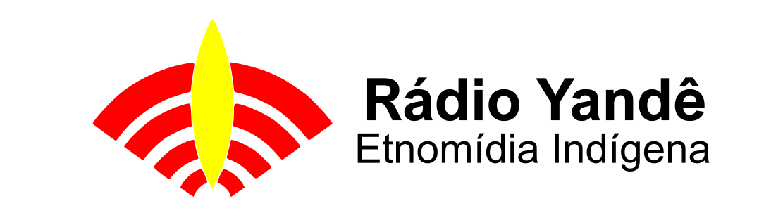 Logotipo da R&aacute;dio Yand&ecirc; com arcos vermelhos que representam ondas de transmiss&atilde;o e uma pena amarela vertical ao centro.