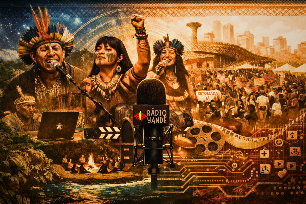 Comunicação Indígena e soberania epistêmica dos povos originários na retrospectiva da Rádio Yandê 2025
No centro, um microfone profissional com o logotipo da Rádio Yandê ocupa posição de destaque, funcionando como eixo da cena — símbolo da palavra indígena amplificada, da mídia própria e da soberania comunicacional.

Ao redor dele, aparecem lideranças indígenas — homens e mulheres — cantando, falando e se manifestando, com pinturas corporais, cocares e adornos tradicionais, em atitude de força, presença e afirmação política. Uma das figuras ergue o punho fechado, gesto clássico de resistência e luta coletiva.

O fundo da imagem mistura diferentes camadas:

uma multidão em marcha, com faixas e cartazes de reivindicação;

elementos de cidade e arquitetura contemporânea, sugerindo a presença indígena no espaço urbano e institucional;

símbolos de audiovisual e mídia (claquete de cinema, rolos de filme, equipamentos);

circuitos digitais e grafismos tecnológicos, indicando a disputa por territórios digitais e epistemológicos.

Na parte inferior, surgem elementos da natureza — água, floresta e terra — integrados à cena, reforçando a conexão entre território físico, memória e comunicação.

A paleta de cores quentes (ocres, dourados e laranjas) cria uma atmosfera de urgência, intensidade e ancestralidade viva, enquanto as sobreposições visuais comunicam a ideia de que tradição, tecnologia e luta política coexistem.

No conjunto, a imagem representa a comunicação indígena como prática viva, coletiva e estratégica — não apenas como expressão cultural, mas como instrumento de resistência, produção de conhecimento e afirmação de soberania no presente.