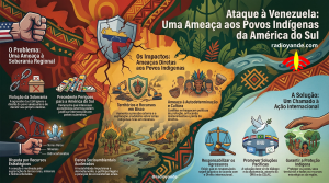 Mapa editorial da América do Sul destacando a Venezuela, territórios indígenas e reservas de terras raras, com elementos de alerta militar e proteção de soberania.