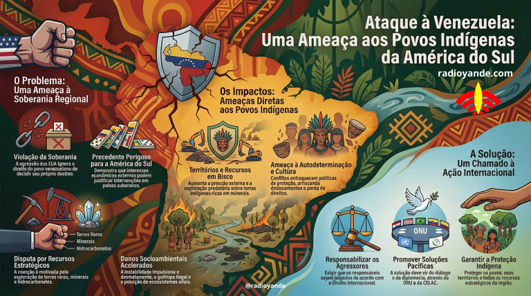 Mapa editorial da América do Sul destacando a Venezuela, territórios indígenas e reservas de terras raras, com elementos de alerta militar e proteção de soberania.