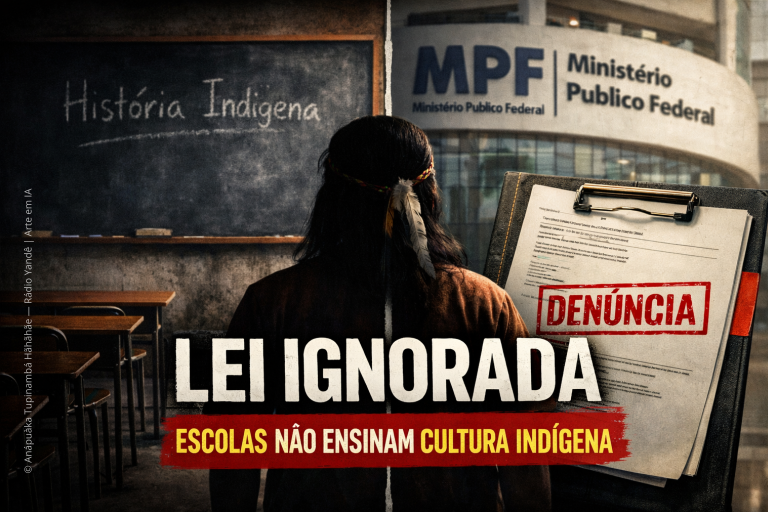 Ilustra&ccedil;&atilde;o gerada por (IA), jornal&iacute;stica mostra sala de aula com quadro escrito &ldquo;Hist&oacute;ria Ind&iacute;gena&rdquo; apagado e documento de den&uacute;ncia no Minist&eacute;rio P&uacute;blico Federal, simbolizando o n&atilde;o cumprimento da Lei 11.645 nas escolas brasileiras.