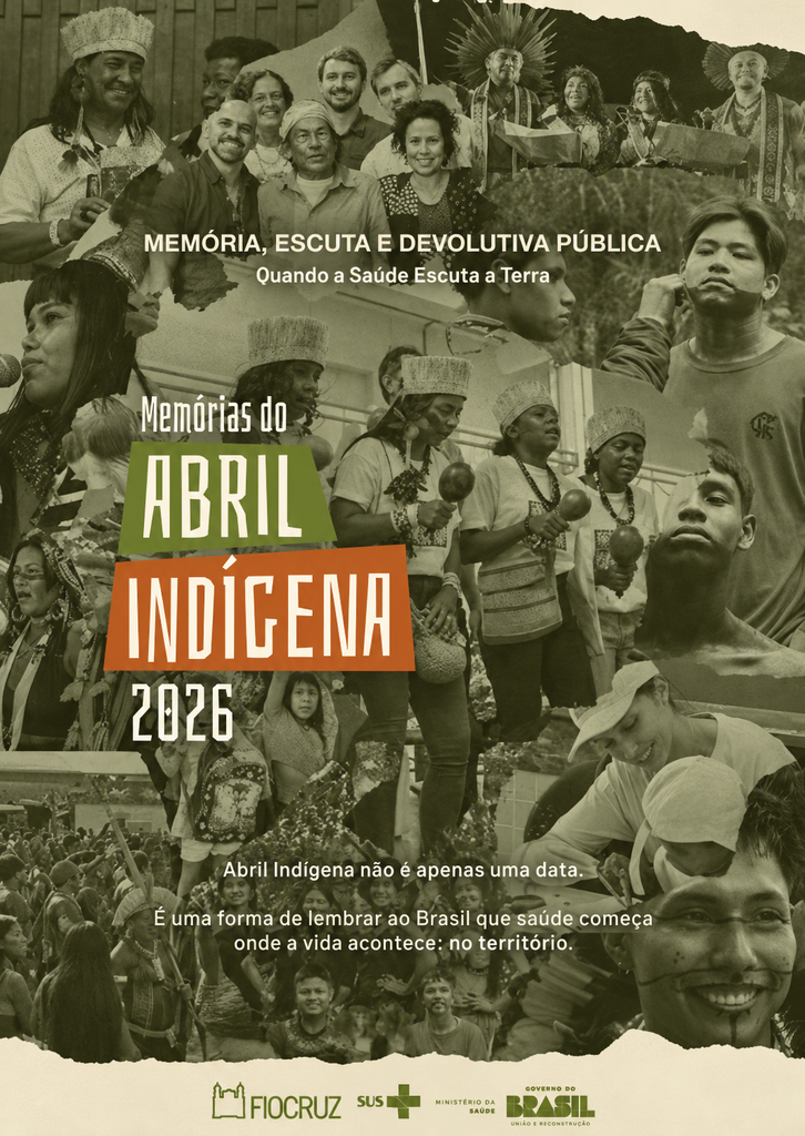 Abril Indígena Fiocruz 2026: capa da publicação de memórias, com fotografias de participantes indígenas.