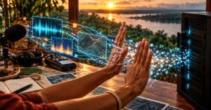 Mãos indígenas interrompem o fluxo de dados entre vozes, territórios e um sistema de inteligência artificial