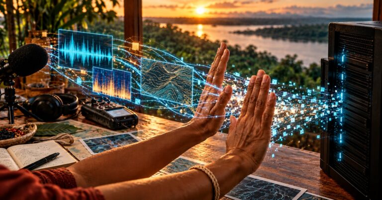 Mãos indígenas interrompem o fluxo de dados entre vozes, territórios e um sistema de inteligência artificial